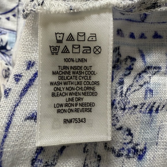 C&C California 100% Linen Blouse 2X Blue White Tile Beach Coastal Key West Tunic - Picture 9 of 10